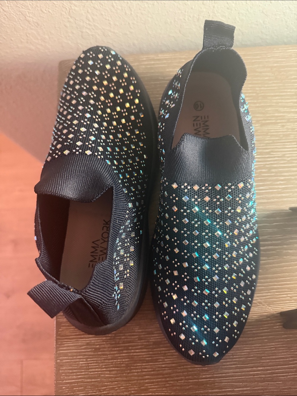 Emma New York Embellished Slip-On Sneakers - Black with Iridescent Rhinestones